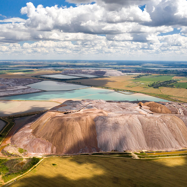 Mountains of products for the production of potash salt and artificial reservoirs.Salt mountains near the city of Soligorsk.Production of fertilizers for the Land. Belarus