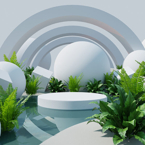 White product display podium in the middle of the water with white desert background.3d rendering